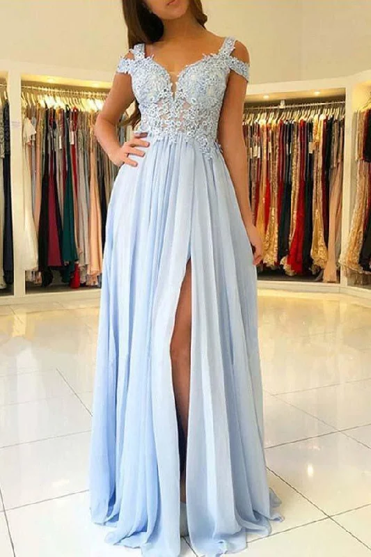 Buy More, Save More!A-Line Cold Shoulder Light Blue Chiffon Prom Dress with Appliques PG610 Buy More, Save More!A-Line Cold Shoulder Light Blue Chiffon Prom Dress with Appliques PG610