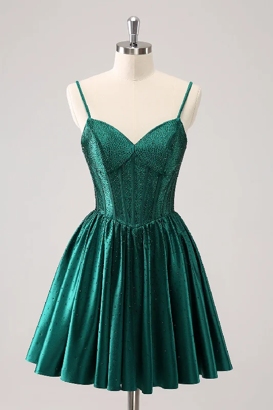 Limited Stock Available!Dark Green A-Line Spaghetti Straps Corset Pleated Graduation Dress