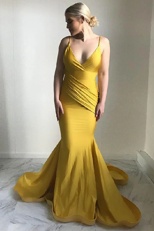 Instant Savings Await!Mermaid Spaghetti Straps Sweep Train Ruched Yellow Satin Prom Dress PG636