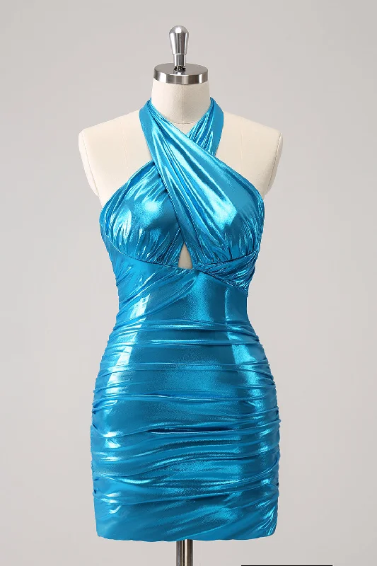 Huge Price Cuts Await!Metallic Tight Halter Backless Satin Blue Graduation Dress