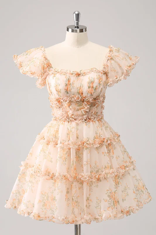 Price Drops You’ll Love!Yellow A-Line Ruffled Floral Print Graduation Dress