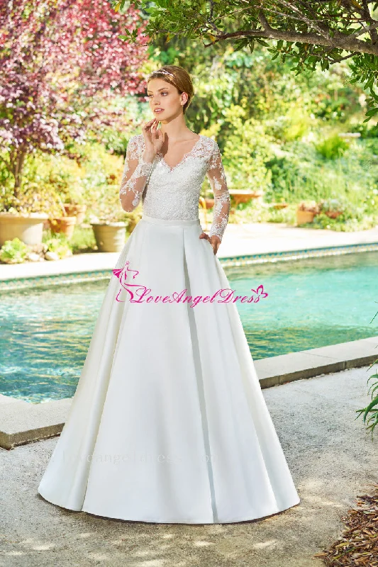 The Best Offers Are Here!A-line Satin Modest Lace Long Sleeves Wedding Dresses with Pockets