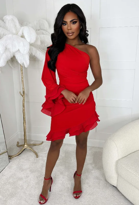 Score Huge Discounts Today!Frilled Senorita Red One Sleeve Ruched Frill Hem Mini Dress