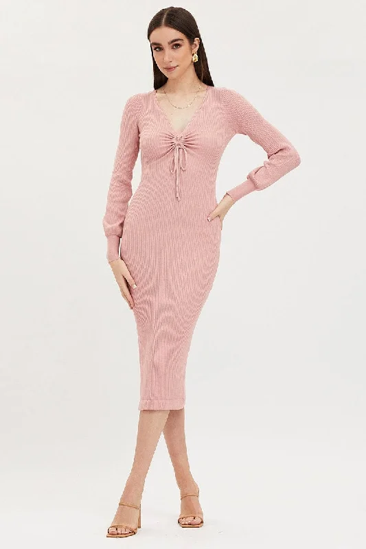 Save More Than Ever!Pink Knit Dress Evening Midi