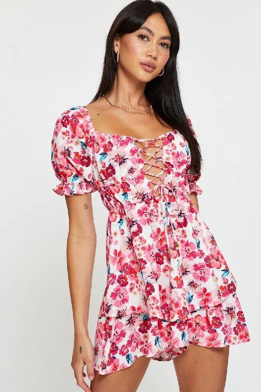 Shop Before It’s Gone!Red Print Playsuit Short Sleeve Evening
