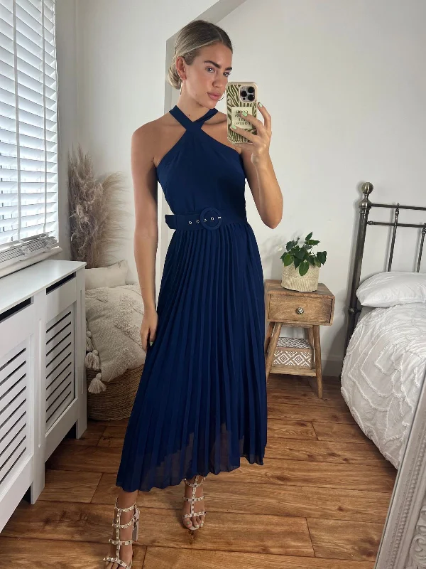 Get More, Spend Less – Shop Now!Paige Halter Pleated Belted Dress / Navy
