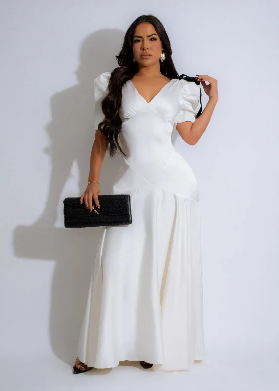 Snag the Best Prices Now!Ribbon Elegance Satin Maxi Dress White