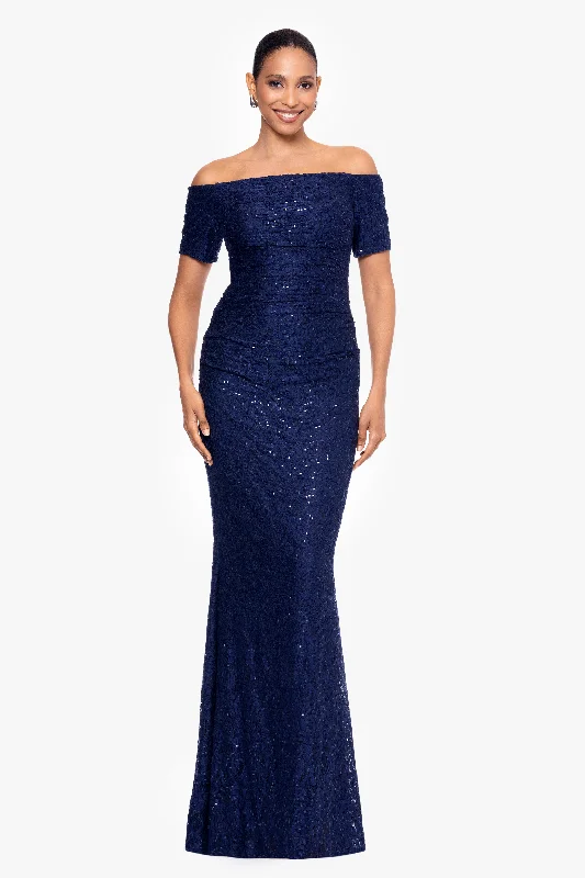 Time to Save Big!Petite "Ara" Long Sequin Lace Off the Shoulder 3/4 Sleeve