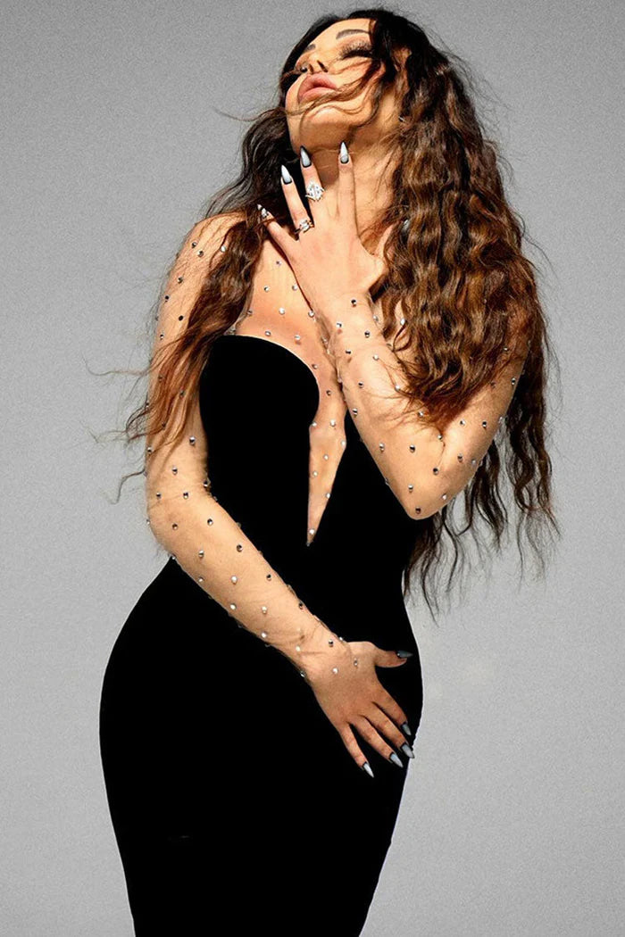 Upgrade for Less!Black Velvet Prom Gown with Rhinestones Mesh Long Sleeves