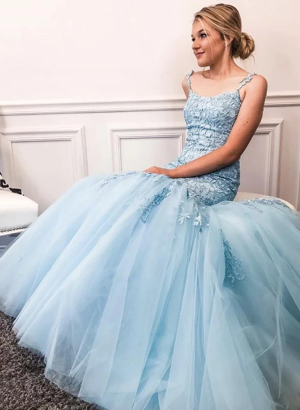 New Discounts Just Dropped!Straps Long Mermaid Light Blue Lace Beaded Prom Dresses, Popular Prom Dresses, 2020 Bridesmaid Dresses