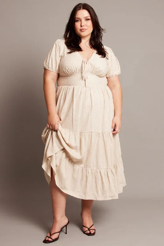 Huge Price Cuts Await!Beige Midi Dress Short Sleeve Linen Blend