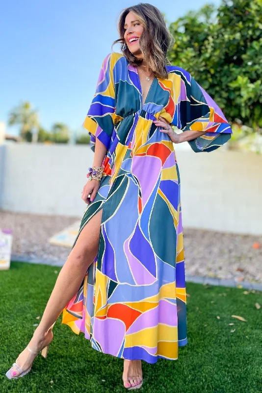 Huge Price Cuts Await!Blue Abstract Print Kimono Maxi Dress
