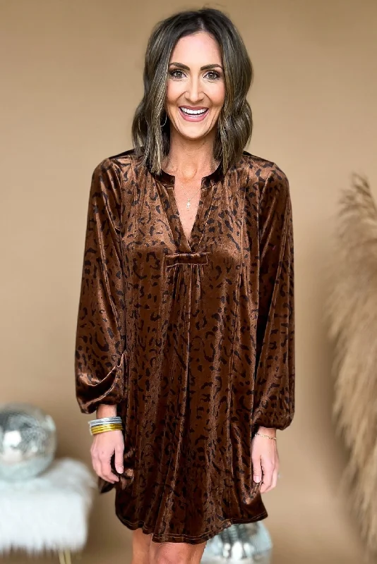 Shop Today, Save Tomorrow!Brown Animal Print Velvet V Neck Long Sleeve Dress