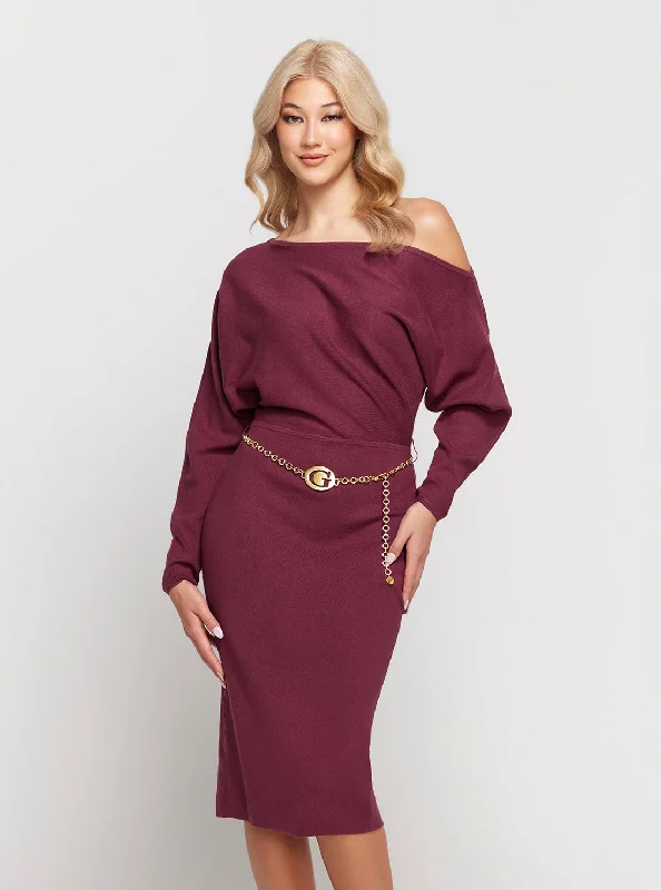 Special Offer – Act Fast!Dark Red Raven Long Sleeve Off Shoulder Midi Dress