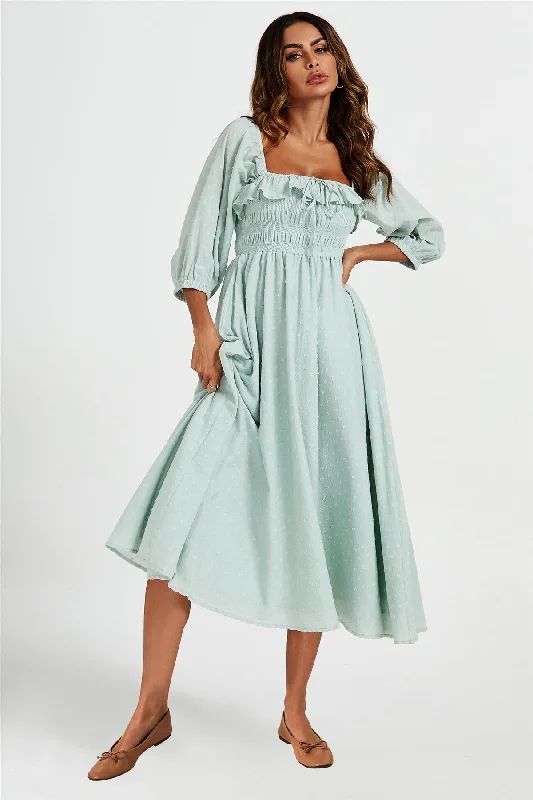 Best Price of the Season!Frill Detail Square Neckline Midi Dress In Light Green