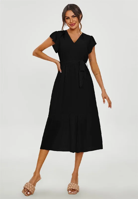 Best Price of the Season!Frill Hem Short Sleeve Midi Dress In Black