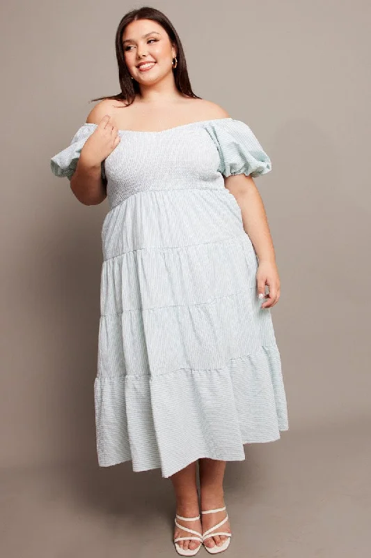 Huge Price Cuts Await!Green Stripe Midi Dress Short Sleeve Tiered