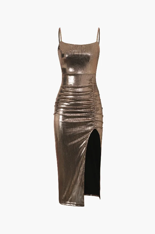 More Discounts, More Joy!Metallic Ruched Slit Midi Dress