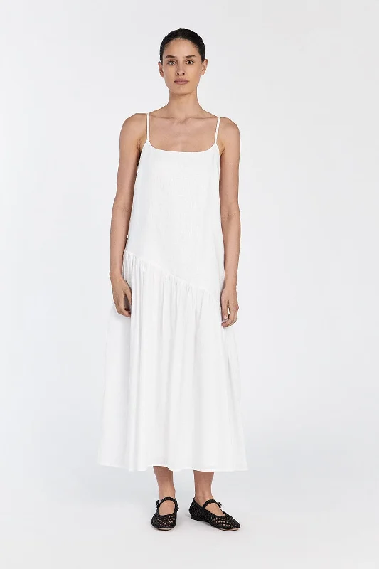 Save More Than Ever!NOAH WHITE LINEN ASYM MIDI DRESS