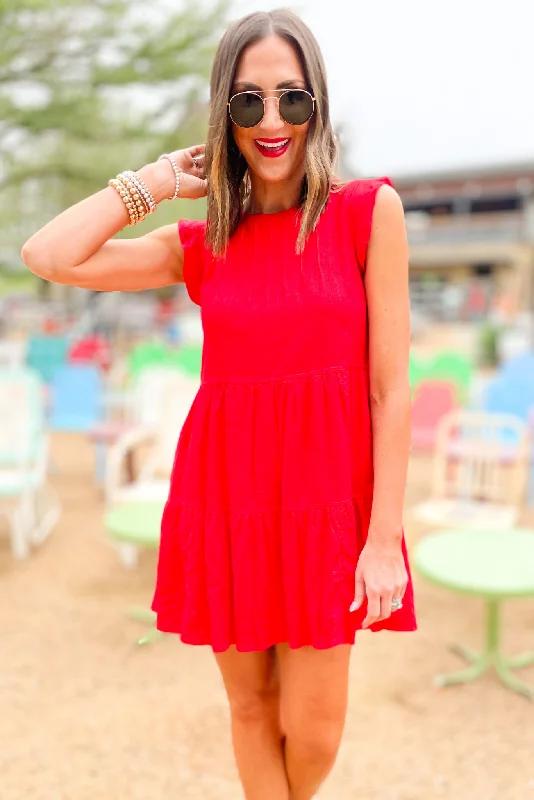 Huge Price Cuts Await!Red Flutter Sleeve Tiered Dress