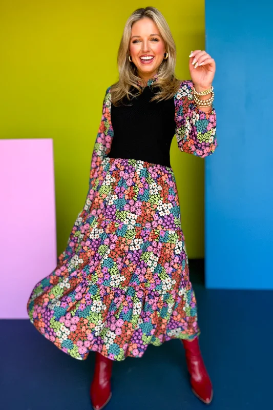 Only a Few Left – Order Now!SSYS The Hillary Black Knit Top Ditsy Floral Midi Dress
