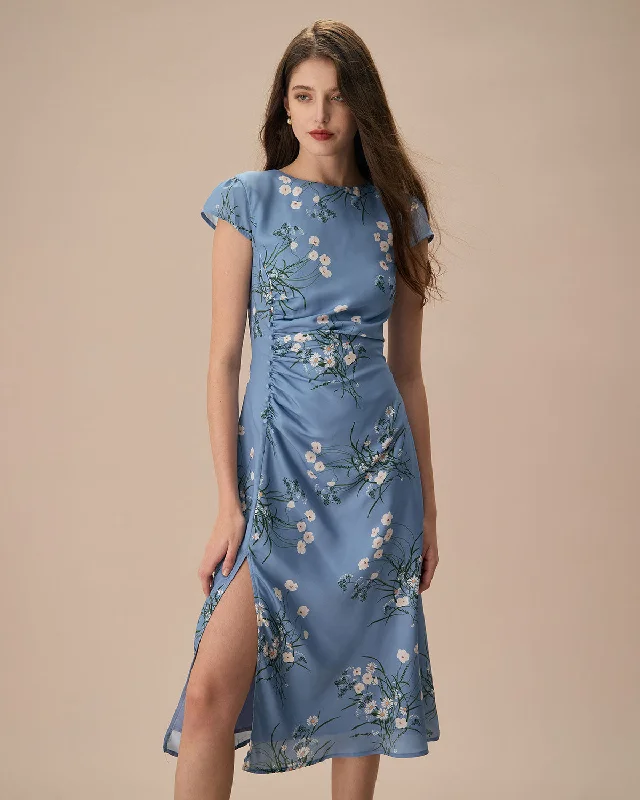 Your Chance to Save is Now!The Blue Round Neck Slit Floral Midi Dress
