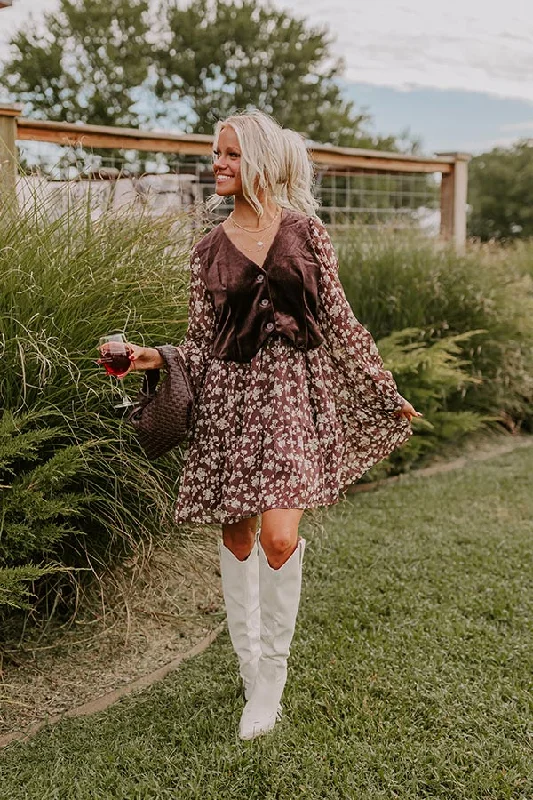 Buy More, Save More!Uptown Cafe Floral Mini Dress in Chestnut
